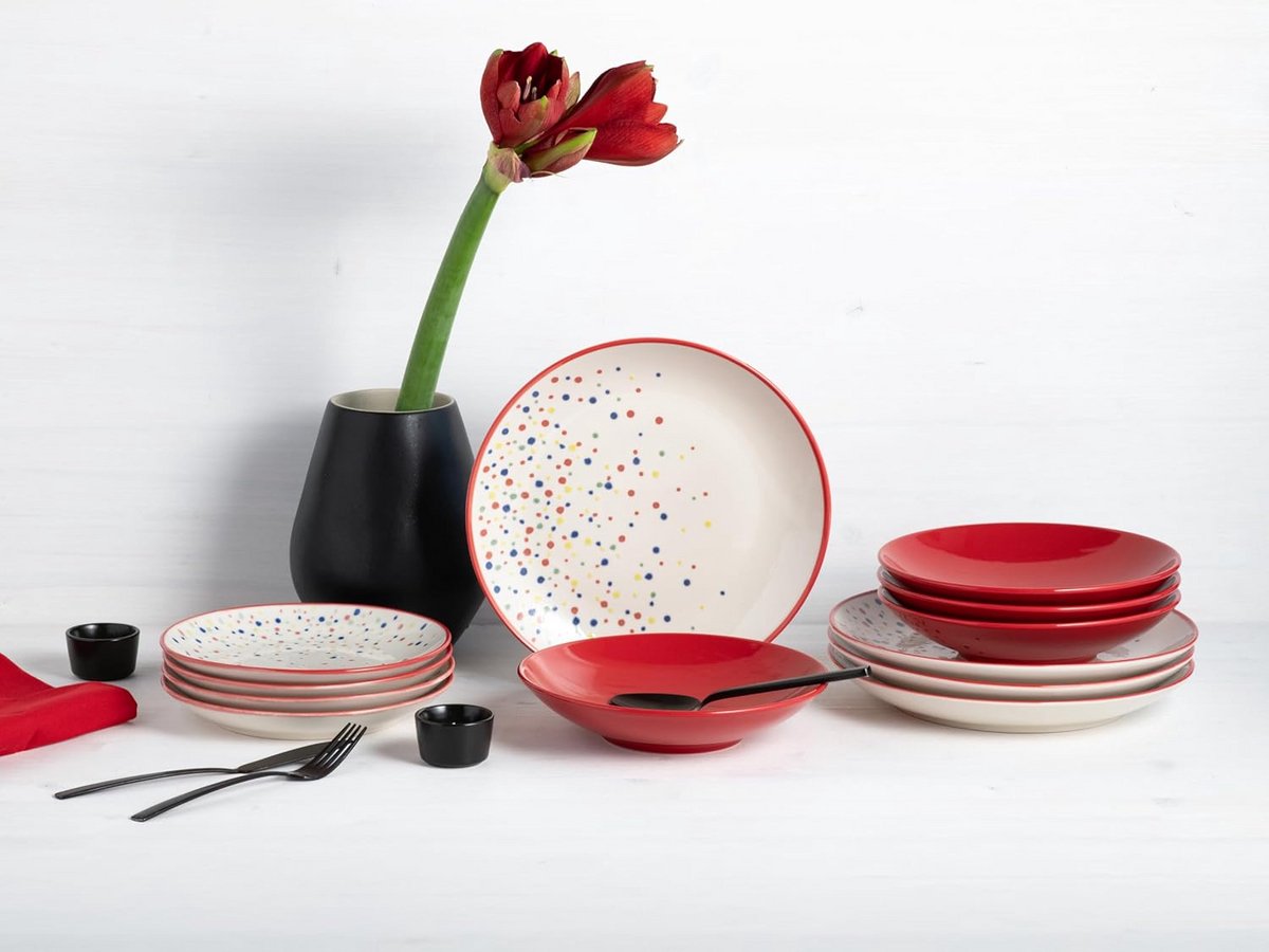 12-delige aardewerk servies set voor 4 personen - Rood servies met stippen