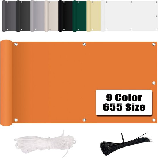 Oranje privacydoek opgerold, met accessoires, verkrijgbaar in 9 kleuren.