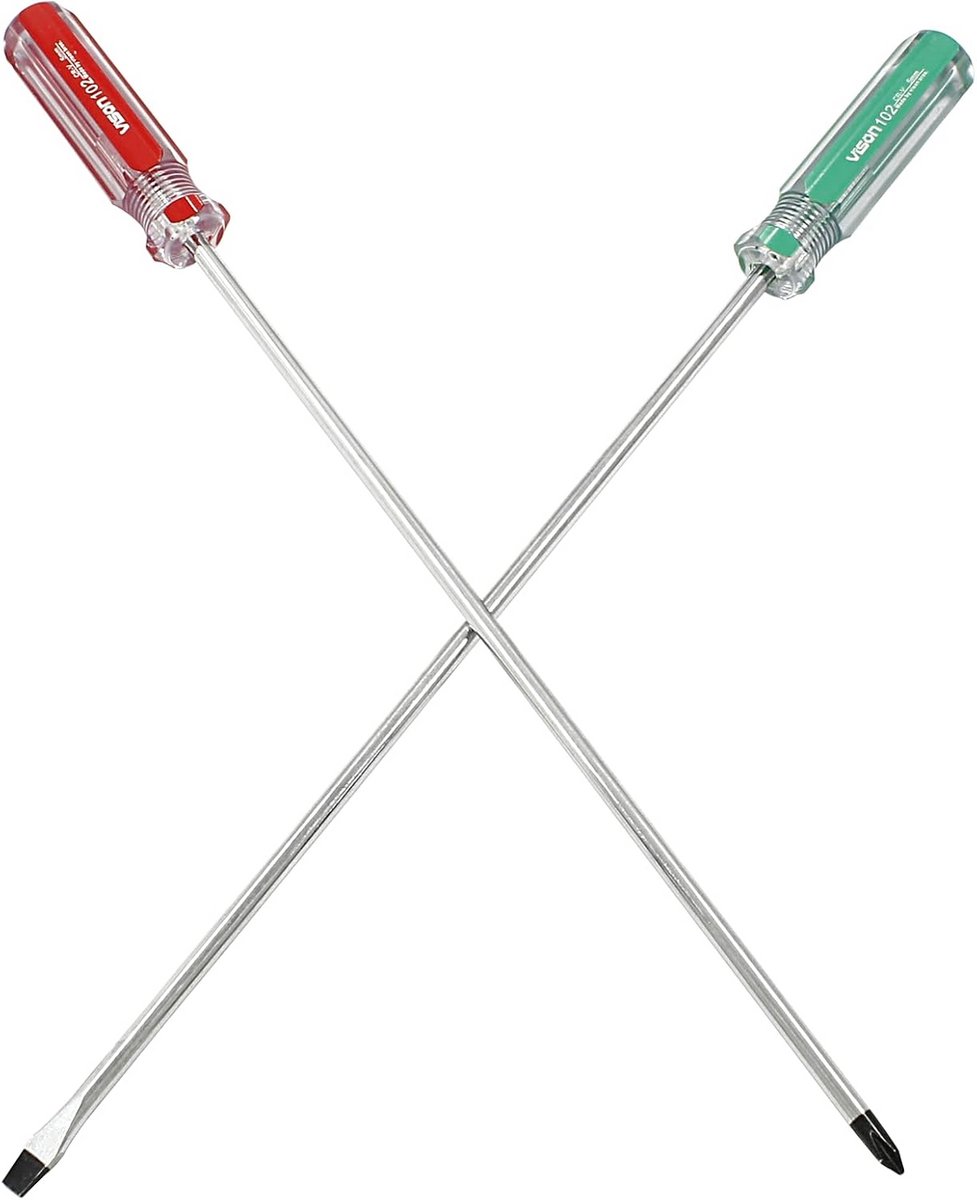 Set van 2 Lange Schroevendraaiers, Kruiskop en Platte Kop, 10 Inch