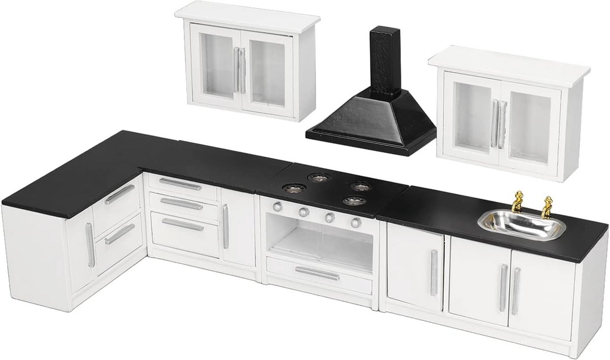 Luxe 1:12 Poppenhuis Keuken Set - 7 Delige Houten Miniatuur Keukenkastjes