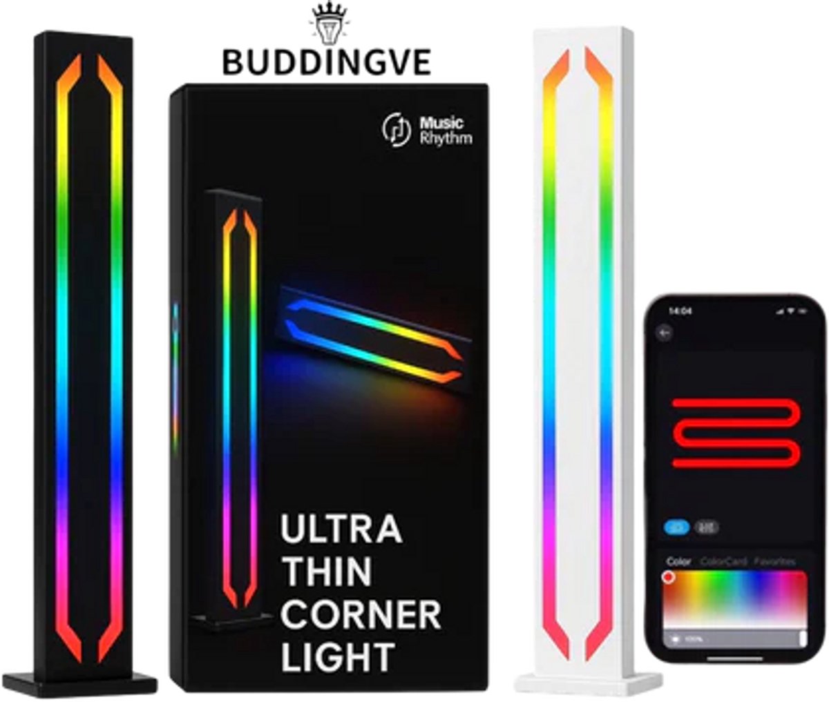 BUDDINGVE GlowBars Smart RGB + IC LED Tafellampen – Set van 2 Light Bars – 28cm – App Bediening – 16 Miljoen Kleuren – Muziek Sync – Gaming, TV & Slaapkamer