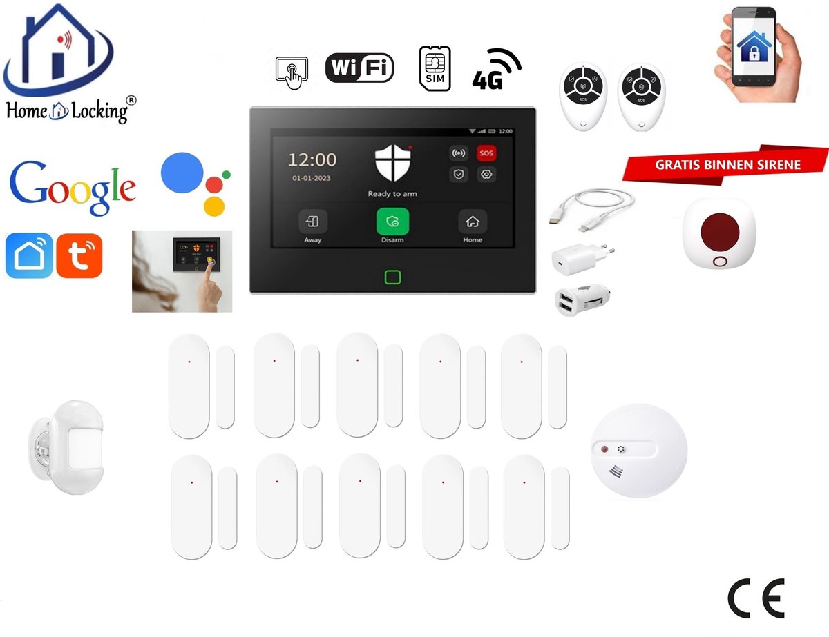 Draadloos / bedraad alarmsysteem met 7-inch touchscreen voor woning/camper/boot/caravan werkt met wifi en sim kaart en met spraak gestuurde apps. (Nederlands of Frans stem en tekst). ST01B-71