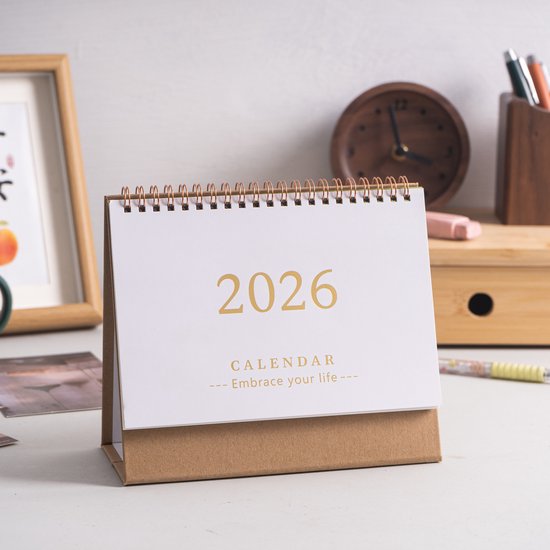 Bureaukalender 2026, staande maandkalender van één pagina, geschikt voor thuis, op kantoor en op school. Dagelijkse lege vakjes bieden ruimte voor gedetailleerde planning. 19 x 16 cm, Wit leer