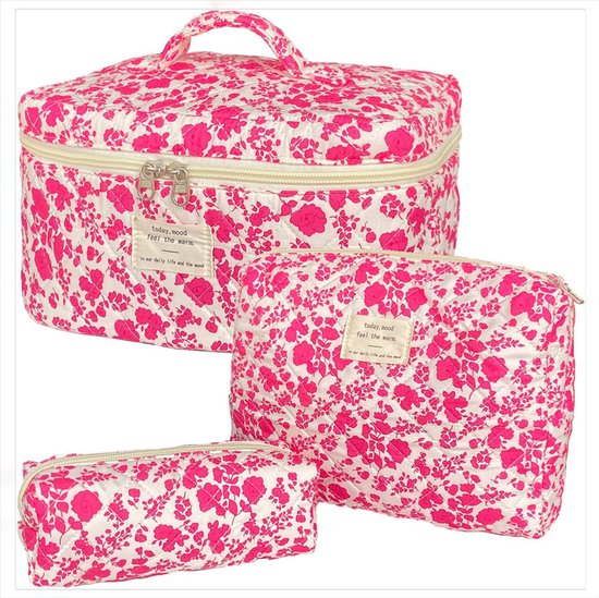 Make-up tas set - gewatteerde tas - grote make-up tas voor dames met bloemenprint - make-up tas met bloemenpatroon - schattige katoenen make-up tas - toilettas - reisformaat organizer voor cosmetica en toiletartikelen