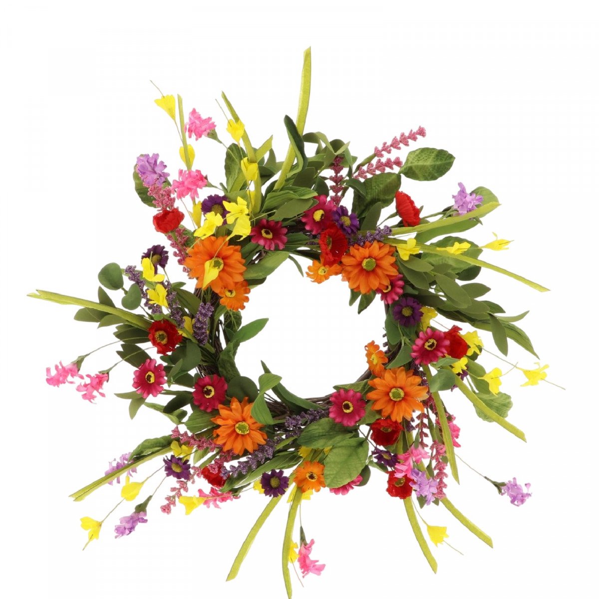Zijden bloemen krans Spring Dance d50cm - Oranje/ geel/ rood/ roze - HBX - Woondecoratie