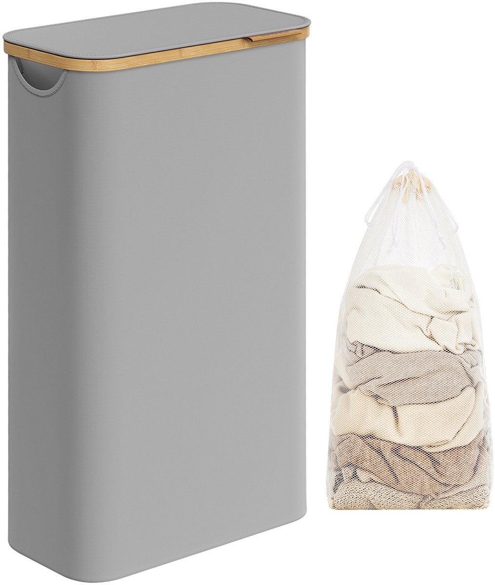 Wasmand – Stof – Inktzwart – Ruimtebesparend met deksel en uitneembare mesh voering, 65 liter