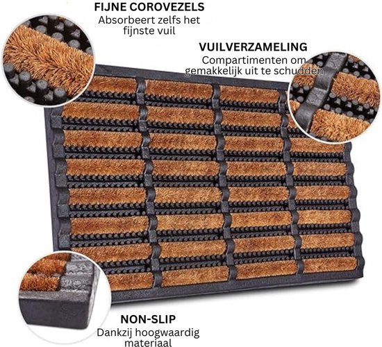 Aura® Borstelmat Voor Buiten - Voetenveger Van Kokusrubber - Deurmat Binnen Antislip - Deurmat Buiten - Vuilschraper - 40cm x 60cm x 3cm van Merkloos	 — afbeelding 2