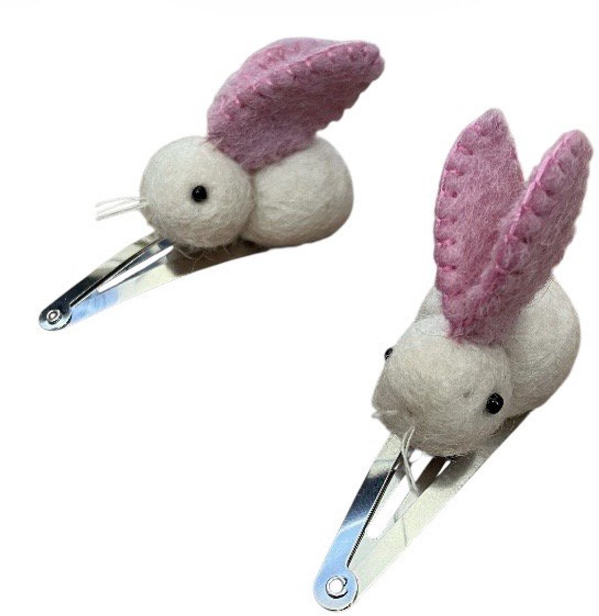 Luna-Leena duurzame haarspeldjes konijntjes L roze (set) - L5cm - wol vilt - klik klak speld zilver - handgemaakt in Nepal - bunny hair clips - haar accessoires - cadeau - feest - verjaardag - sieraad - dieren speldjes