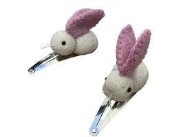 Luna-Leena duurzame haarspeldjes konijntjes L roze (set) - L5cm - wol vilt - klik klak speld zilver - handgemaakt in Nepal - bunny hair clips - haar accessoires - cadeau - feest - verjaardag - sieraad - dieren speldjes