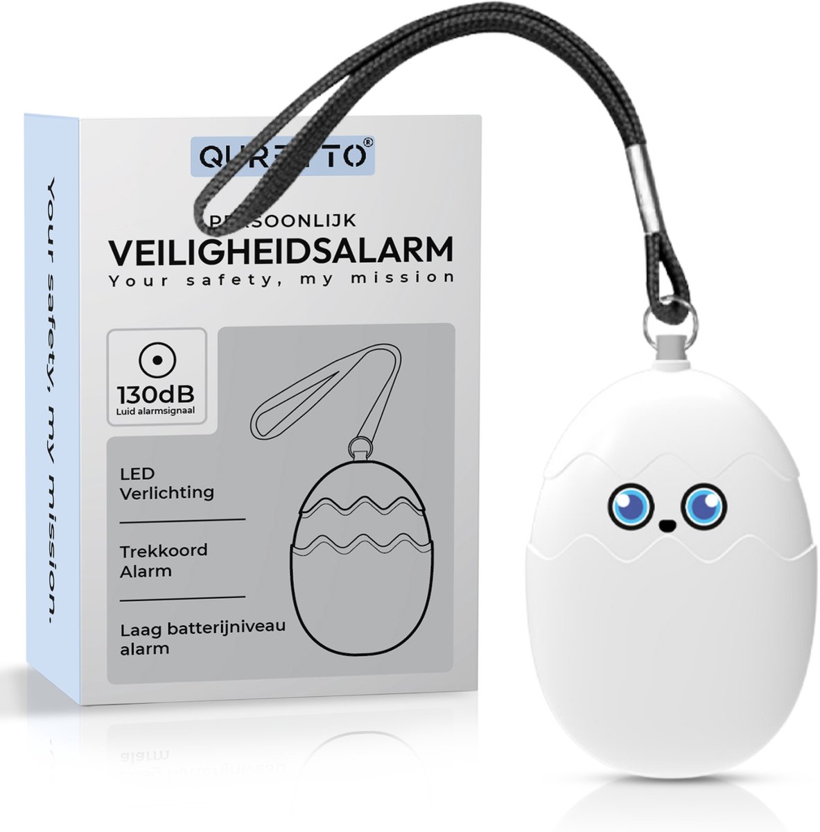 QURETTO® - Persoonlijk Alarm - 130 dB - Alarmknop voor Ouderen, Vrouwen & Kinderen - Zelfverdediging - Sleutelhanger - Zaklamp