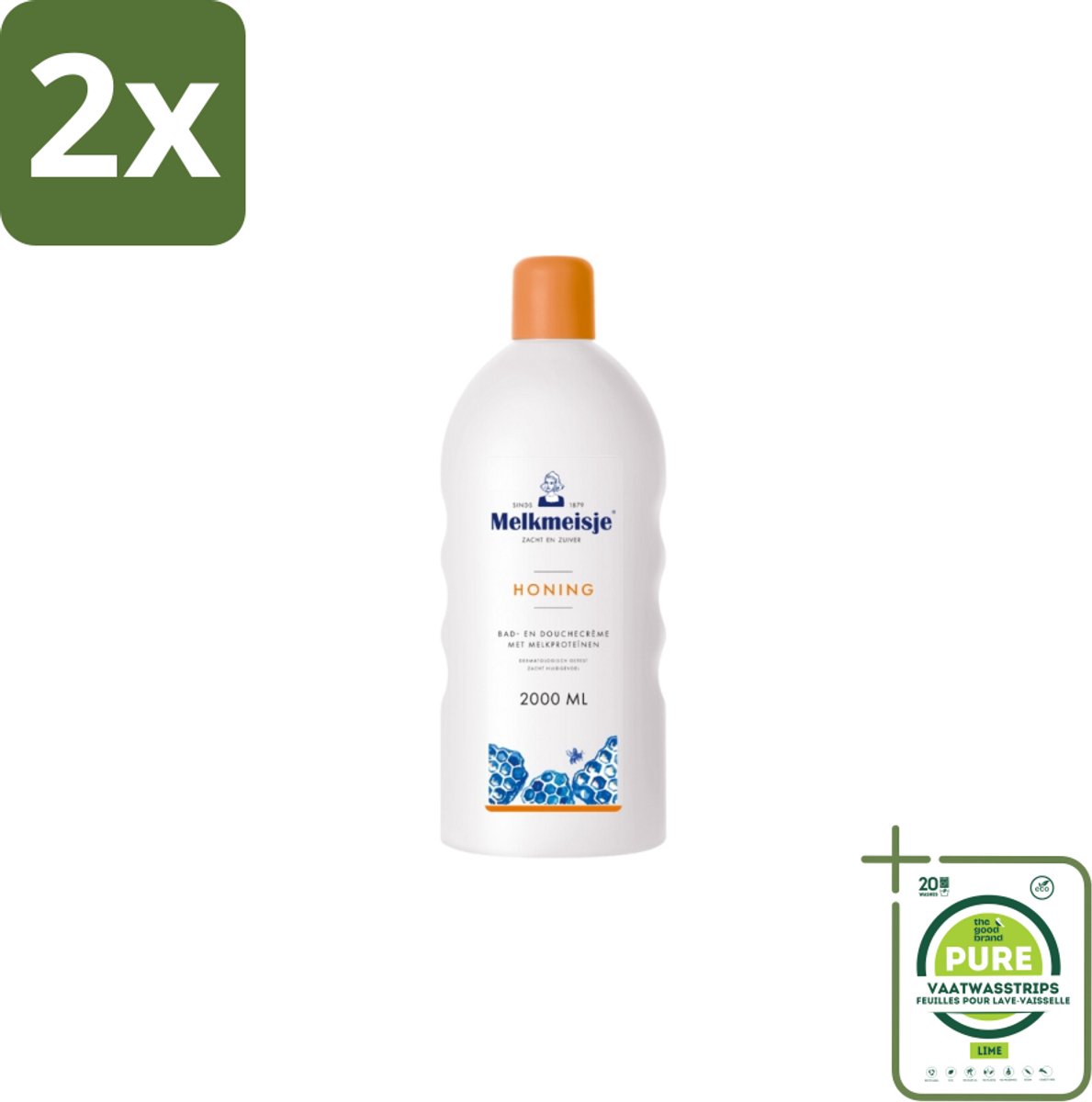 Melkmeisje Bad en Douche Crème Honing 2000 ml - Voordeelverpakking - 2 stuks - Bad en douche crème - Melkmeisje crème