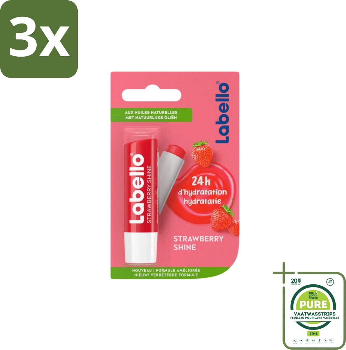 3 x Labello – Lippenbalsem – Strawberry Shine - Grootverpakking - Lippenbalsem - Aardbeien - Glans - Hydratatie - Verzorging