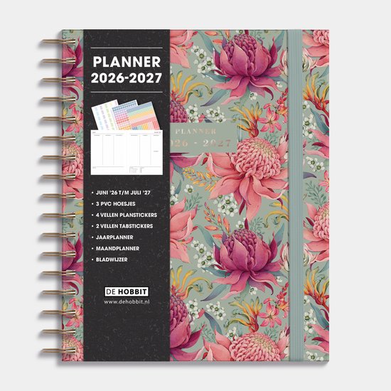 Hobbit - Luxe Weekplanner 2026-2027 - 1 week op 2 pagina's - Harde Kaft - Spiraal gebonden - Planner A5+ (23 x 18,5 cm) - Tropische bloemen
