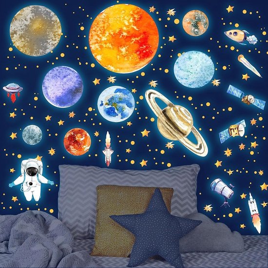 Famanu – Muursticker lichtgevende stickers 9 planeten sterren astronaut planeet wandtattoo lichtgevende sterren zonnestelsel fluorescerend