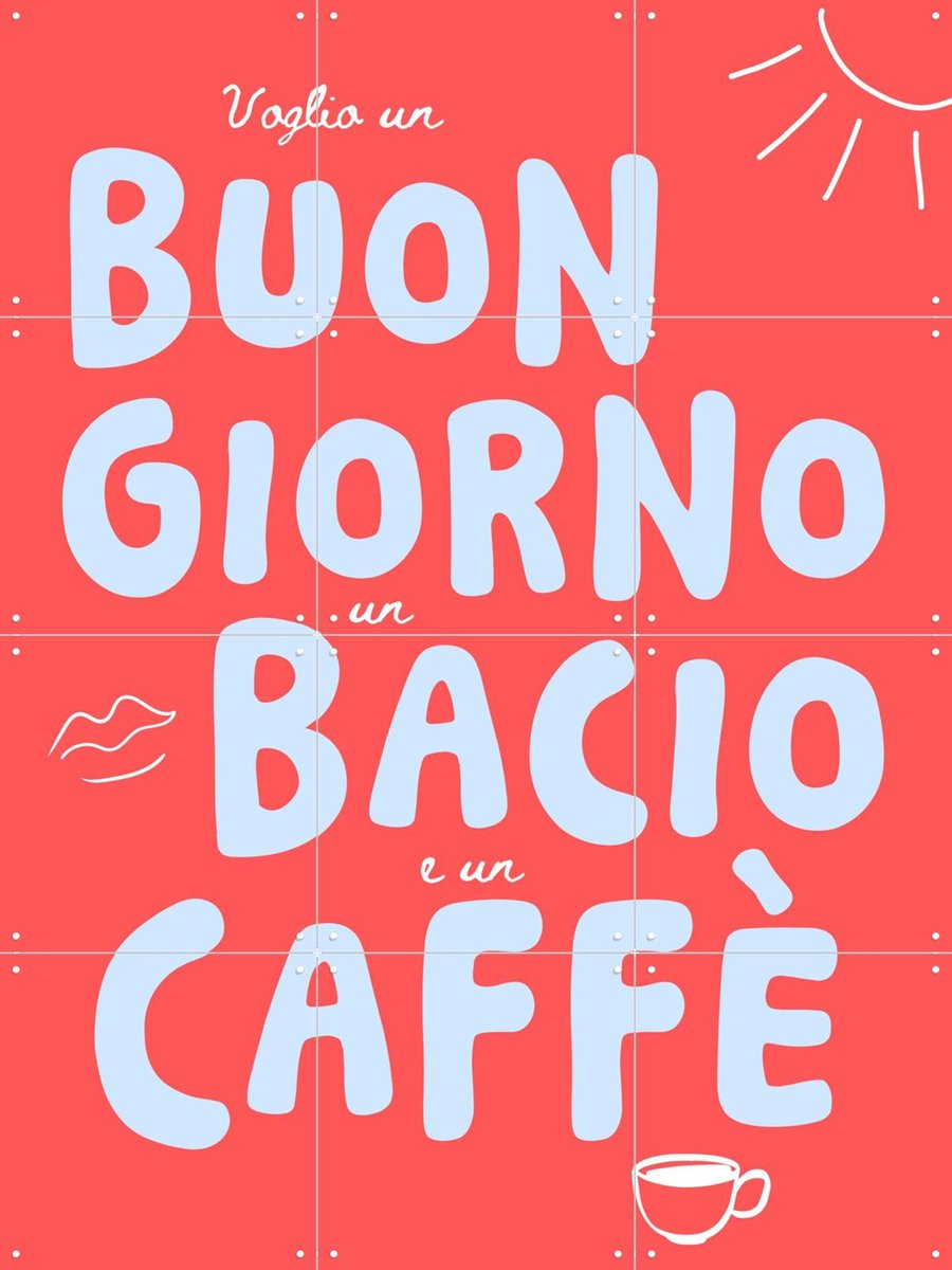 IXXI Buongiorno, bacio, caffe - red, Ohkimiko & Various - 60 x 80 cm - Gratis ophangtool - Grote wanddecoratie en posters - Speels, Kleurrijk