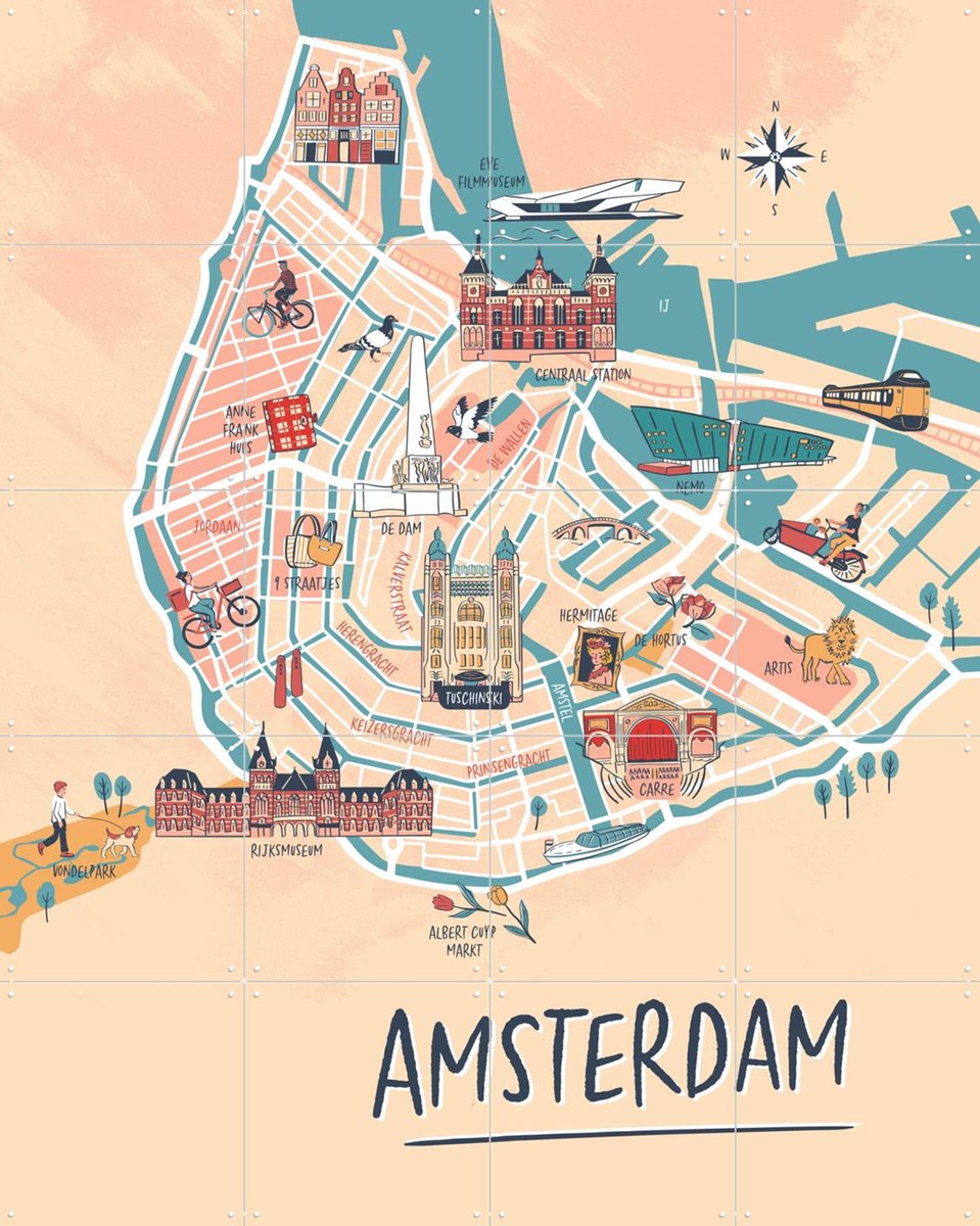 IXXI Amsterdam Illustration, Revista Ontwerp & Kunst in Kaart - 80 x 100 cm - Gratis ophangtool - Grote wanddecoratie en posters - Speels, Digitale
