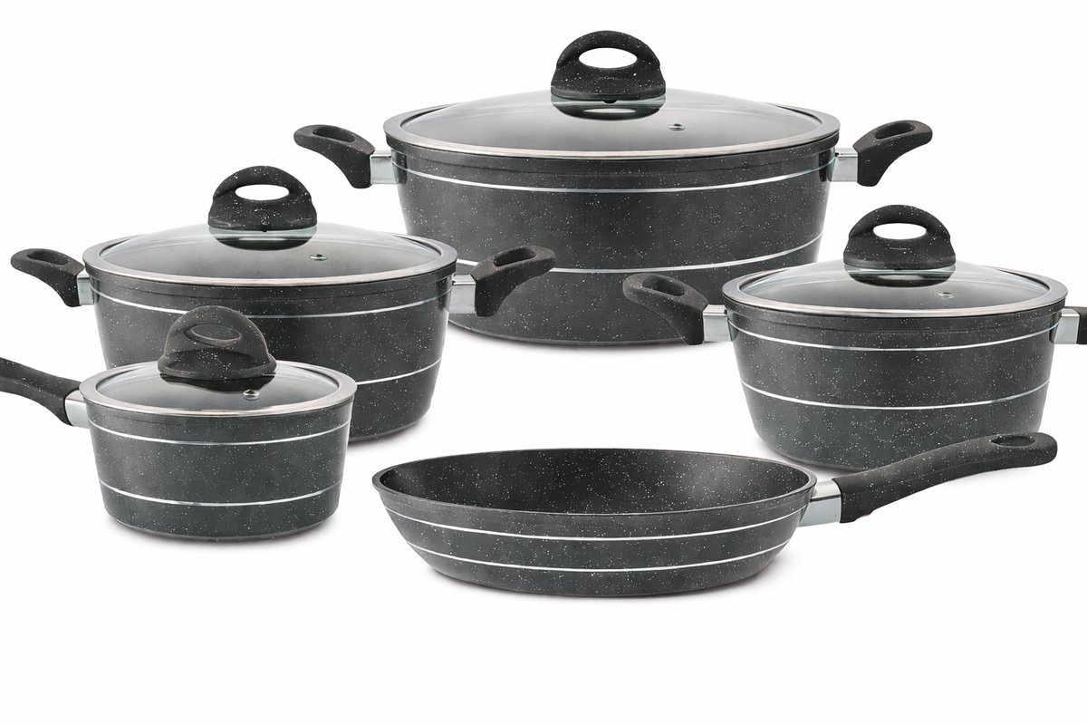 Pannenset 9-Delig Zwart – Inductie-Geschikt – PFAS-Vrij met Antiaanbaklaag – Duurzame Keukenset