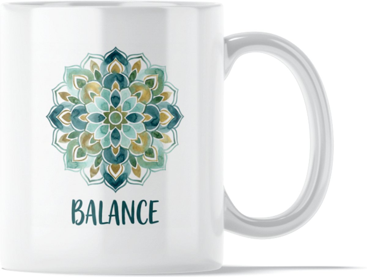"Aquarel Series" Mok: Balance Mandala - Rustgevende Waterverf Mok in Teal en Goud - Positieve Herinnering om Balans in je Leven te Vinden - Mantra Mandala Symbool voor Mindfulness - Spiritueel Zen-moment ValentijnsCadeau voor Yoga Moeder of Vriendin