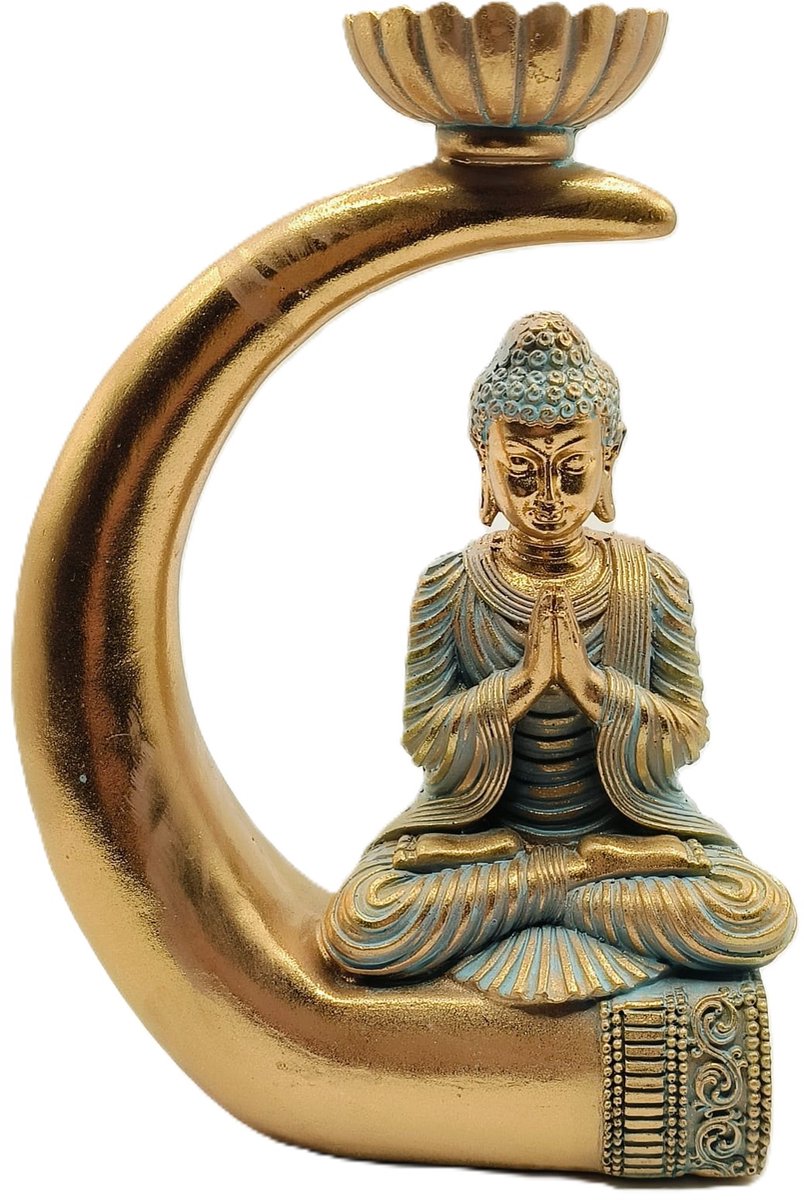 Beeld mediterende Boeddha op Olifant tand - Theelichthouder Boeddha Goud - 25cm.