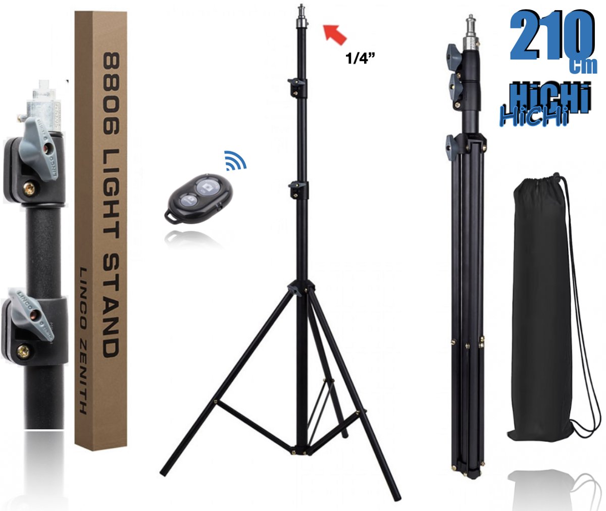 HiCHi® 8809 Telefoon Statief 65~210cm - Camerastatief - Tripod smartphone - Statief – Standaard - Tripod 210cm met Draagtas