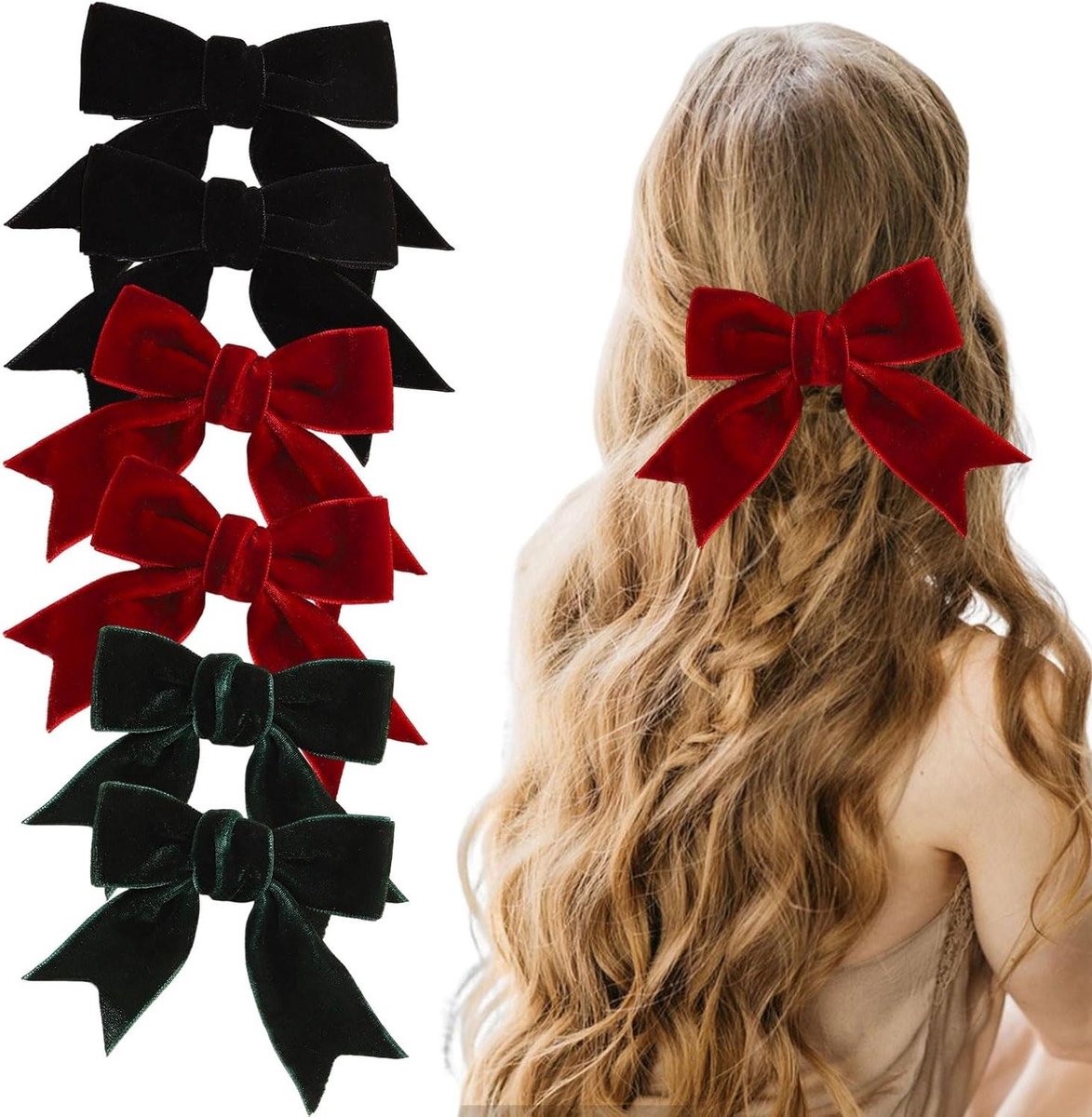 Haarspelden met strik, set van 6, zwart/rood/groen, haaraccessoires voor dames