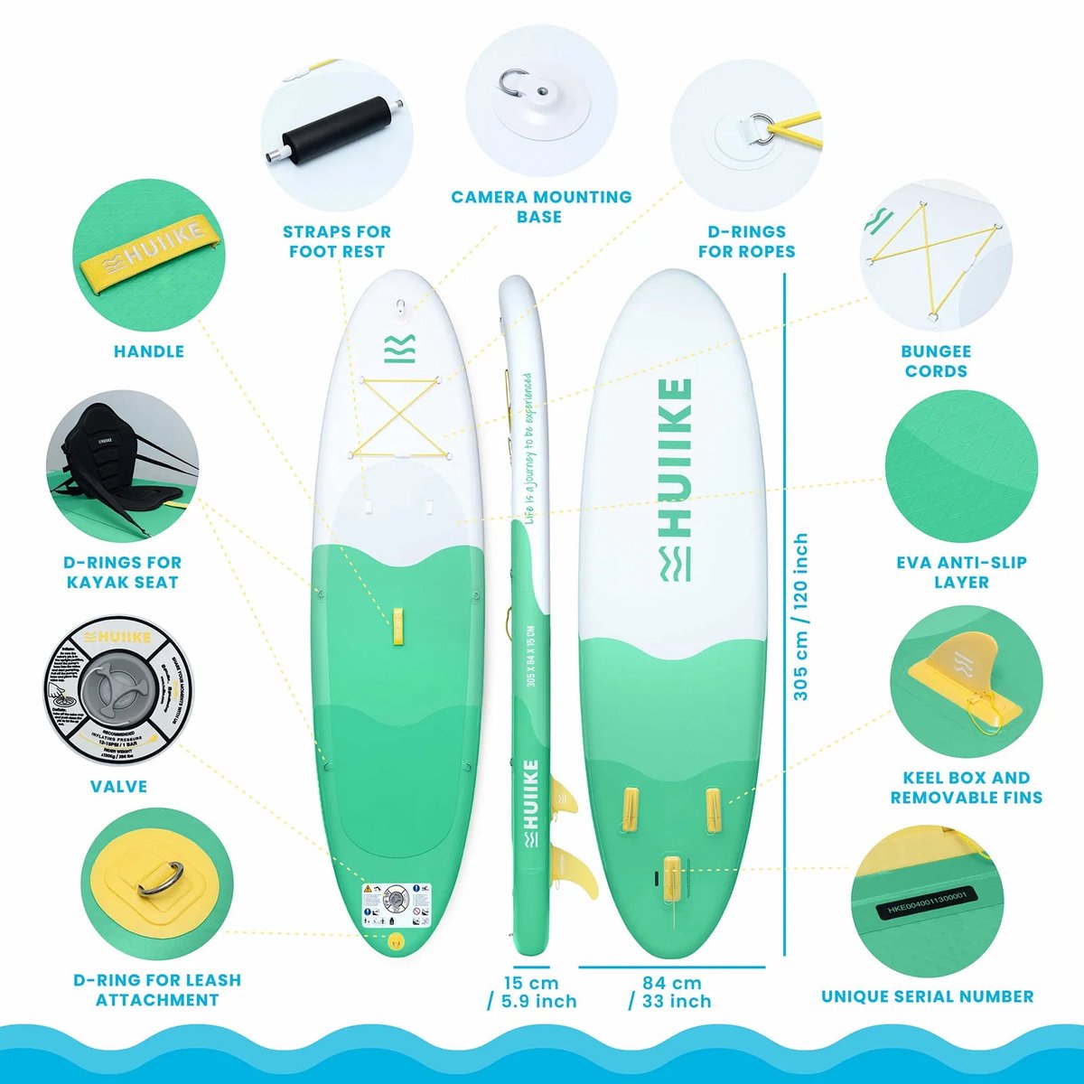 HUIIKE SUP Board - Opblaasbaar Paddle Board met Accessoires, Peddel, Vinnen, Pomp - Stand Up Paddle met Hoge Stabiliteit - 305 x 84 x 15 cm - Max. 130 kg – foto 3