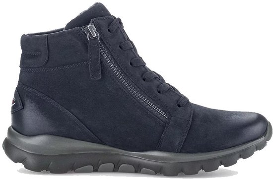 Botte Gabor bleu foncé en daim avec lacets et fermeture éclair. Vue latérale avec logo Rollingsoft.