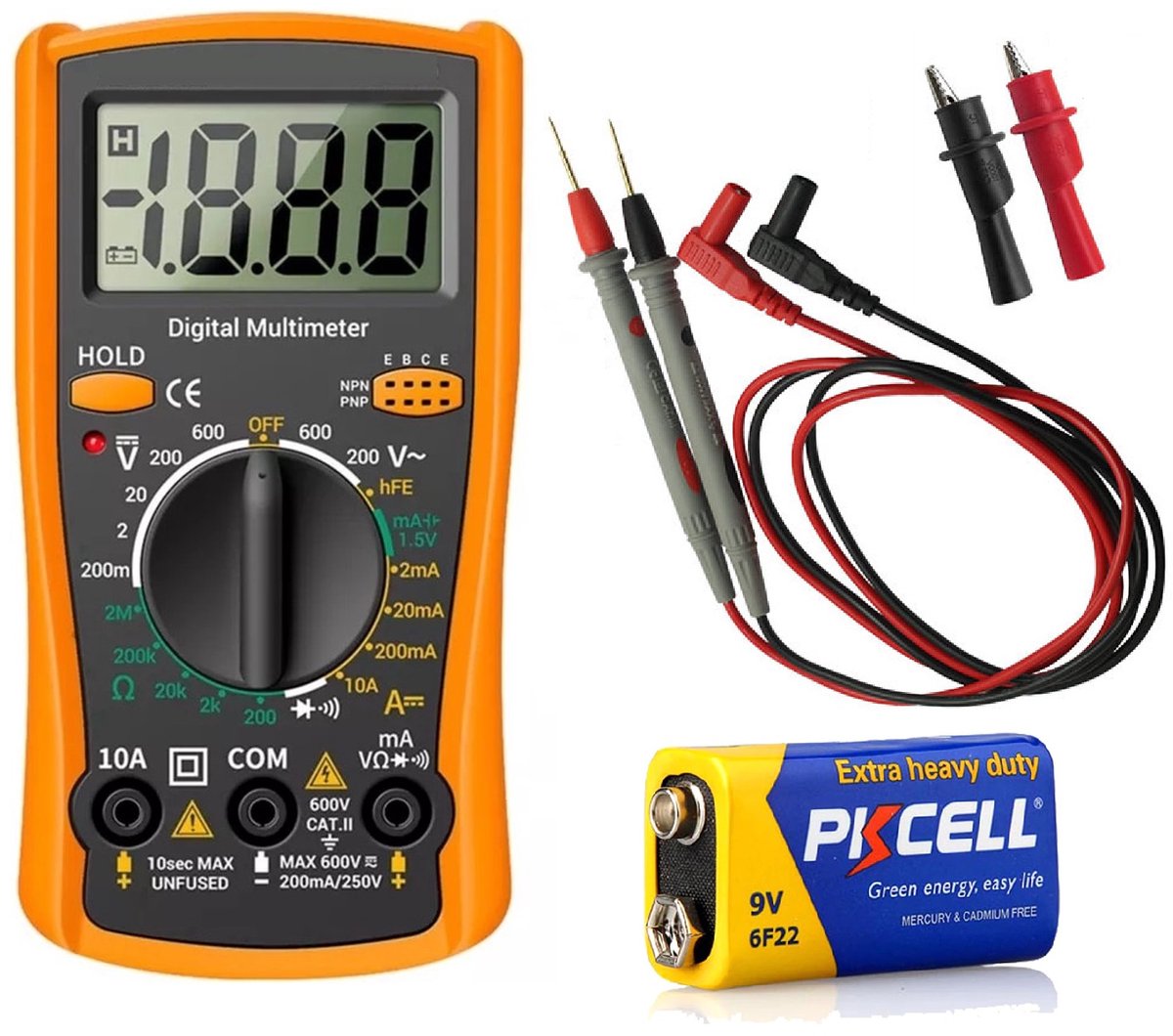 Digitale Multimeter – 600V AC/DC – Stroom- en Weerstandsmeter met Transistor Test – Inclusief 9V Batterij en Meetsnoeren – Geel/Oranje