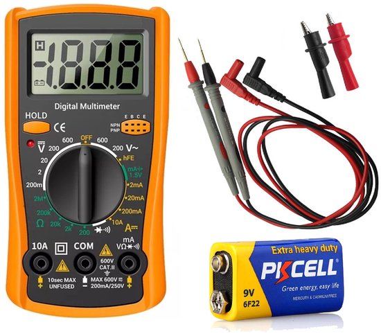 Foto: Digitale multimeter 600v ac dc stroom en weerstandsmeter met transistor test inclusief 9v batterij en meetsnoeren geel oranje