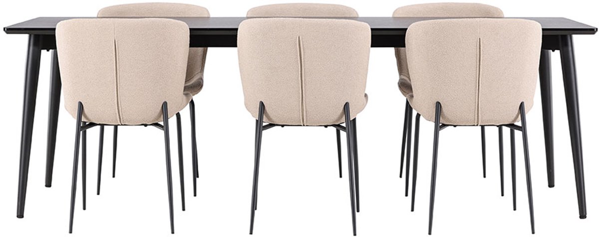 Ellis eethoek tafel 85x230cm en 6 bouclé stoelen zwart.