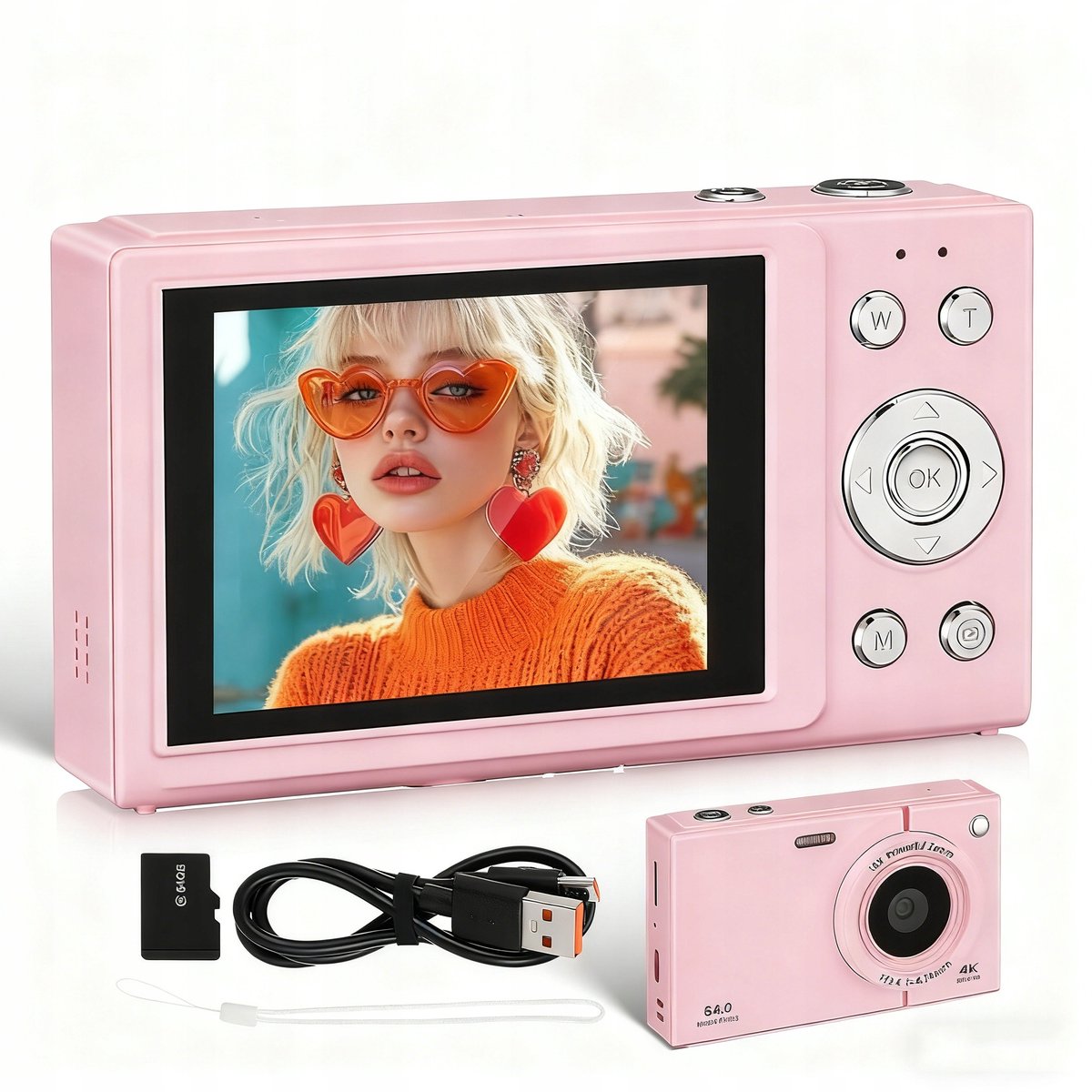 Compact Digitaal Camera 4K - 64MP Auto Focus met 64GB SD Kaart & WiFi - Beginnerscamera voor Reizen - Roze
