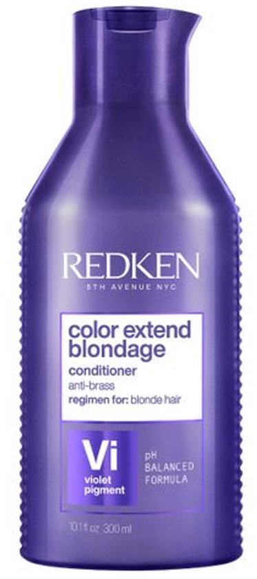 Bouteille de conditionneur violet Redken Color Extend Blondage avec un bouchon droit.