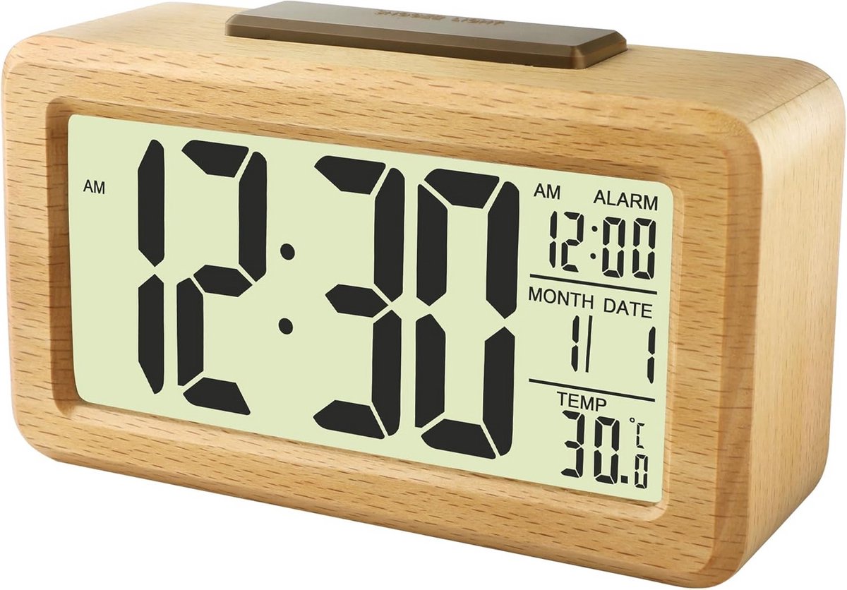 Digitale Houten Wekker met Verlicht Display, Sluimerfunctie en Temperatuurweergave