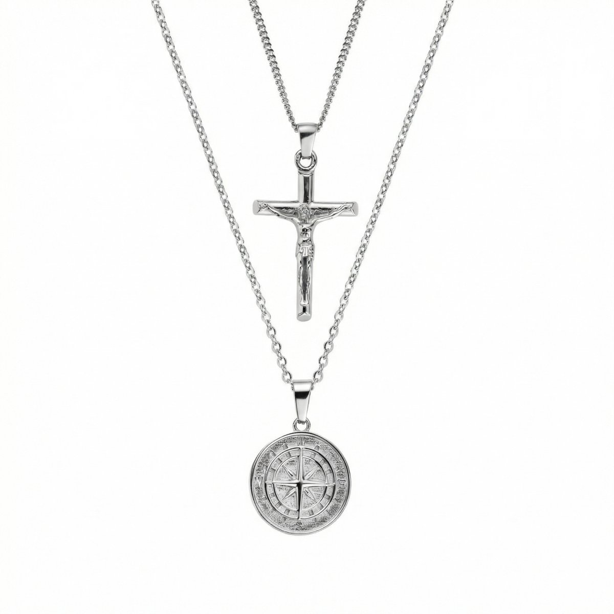 Thomasiny Kruis & Kompas Cadeauset – 2-delige Heren Ketting Set – Kruishanger & Kompashanger – RVS Rhodium – Luxe Geschenkverpakking