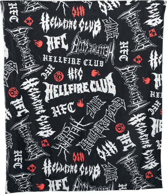 Zwarte deken met meerkleurige 'Hellfire Club' logo's en prints.