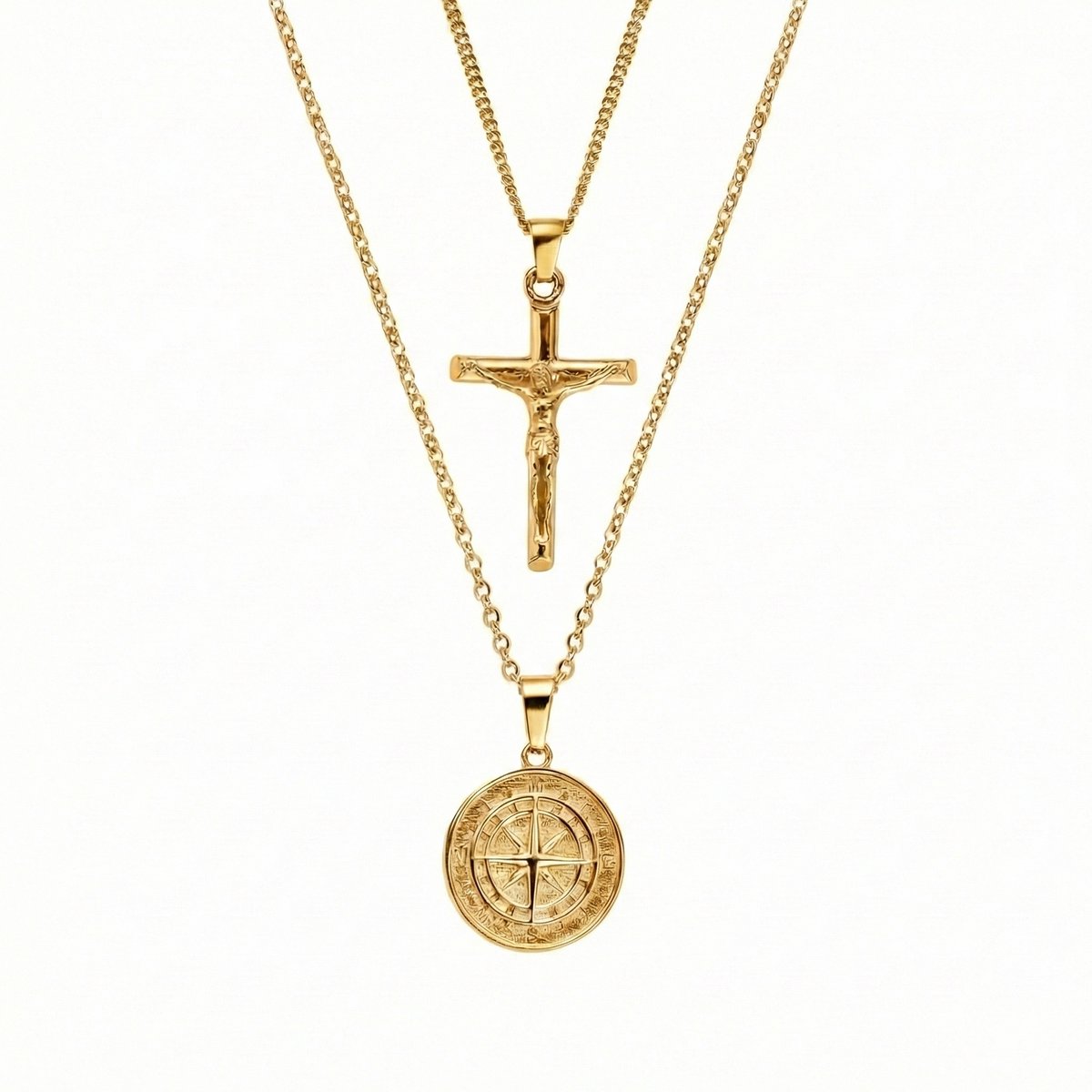 Thomasiny Kruis & Kompas Cadeauset Goud – 2-delige Heren Ketting Set – Kruishanger & Kompashanger – RVS PVD – Luxe Geschenkverpakking