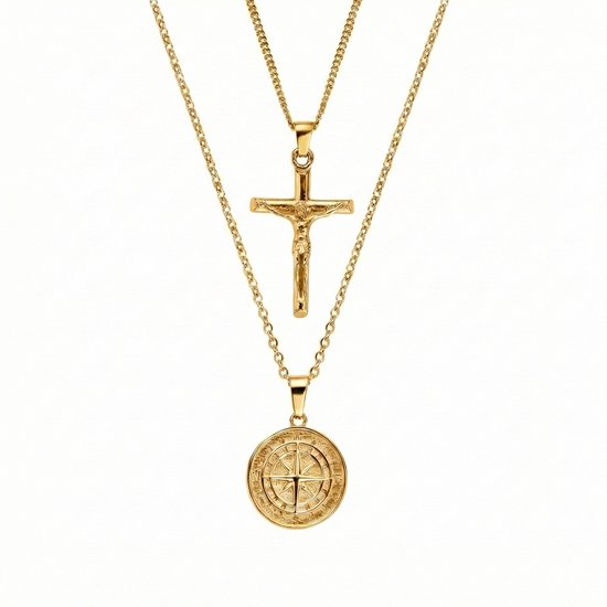 Thomasiny Kruis & Kompas Cadeauset Goud – 2-delige Heren Ketting Set – Kruishanger & Kompashanger – RVS PVD – Luxe Geschenkverpakking
