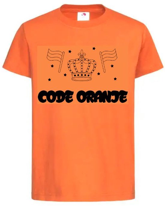 T-shirt Kinderen "CODE ORANJE" Op Voorkant EK Voetbal Europees Kampioen Kampioenschap Oranje Koning Koningsdag | korte mouw | Oranje/zwart | maat 146/152