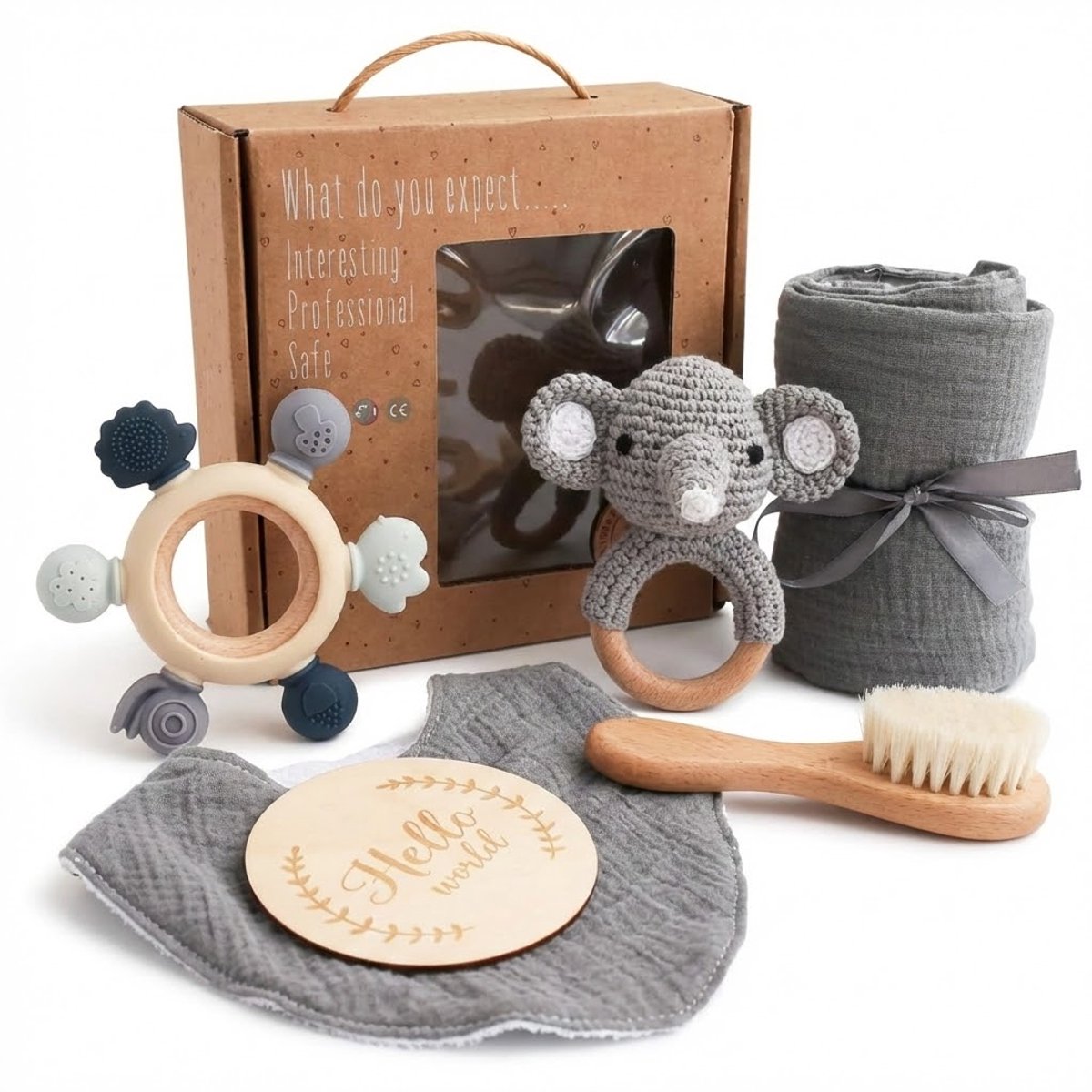 Baby Geschenkset – Complete Verzorgingsset met Badcape & Konijn – Babyshower & Kraamcadeau - Grijs