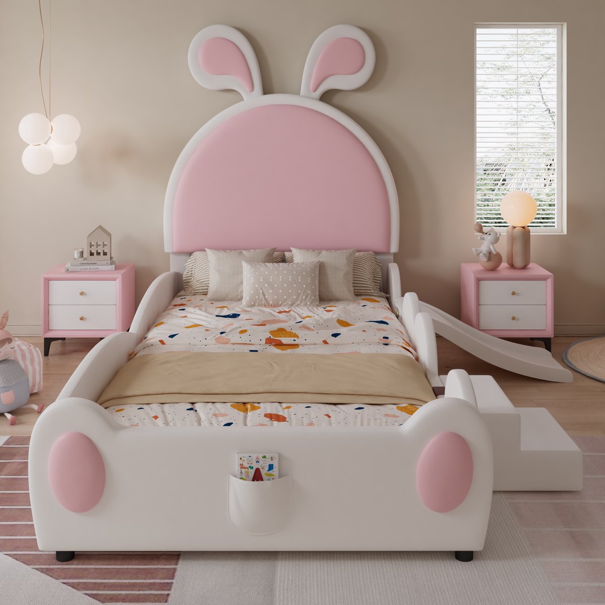 REDOM Kinderbed 90x200 cm van PU – Met konijnlook, glijbaan, trap en opbergtas – Wit/Roze
