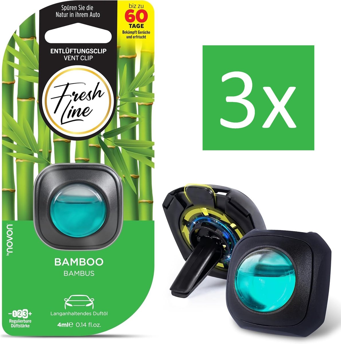 Fresh Line® - Auto Luchtverfrisser Clip 3 stuks - Bamboo - 3 x 4ml - tot 60 dagen