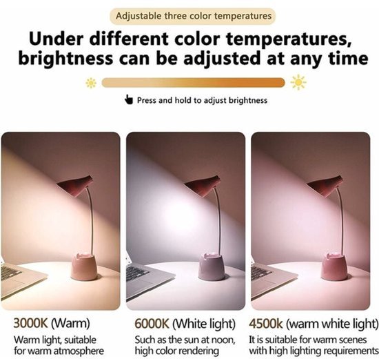 Tafellamp - Bureaulamp - Bureaulamp led - tafellamp oplaadbaar met 3 verlichtingsstanden en aanraaksensor, 360° draaibaar en dimbaar, geschikt voor lezen, studeren en werken (Roze ) — afbeelding 4