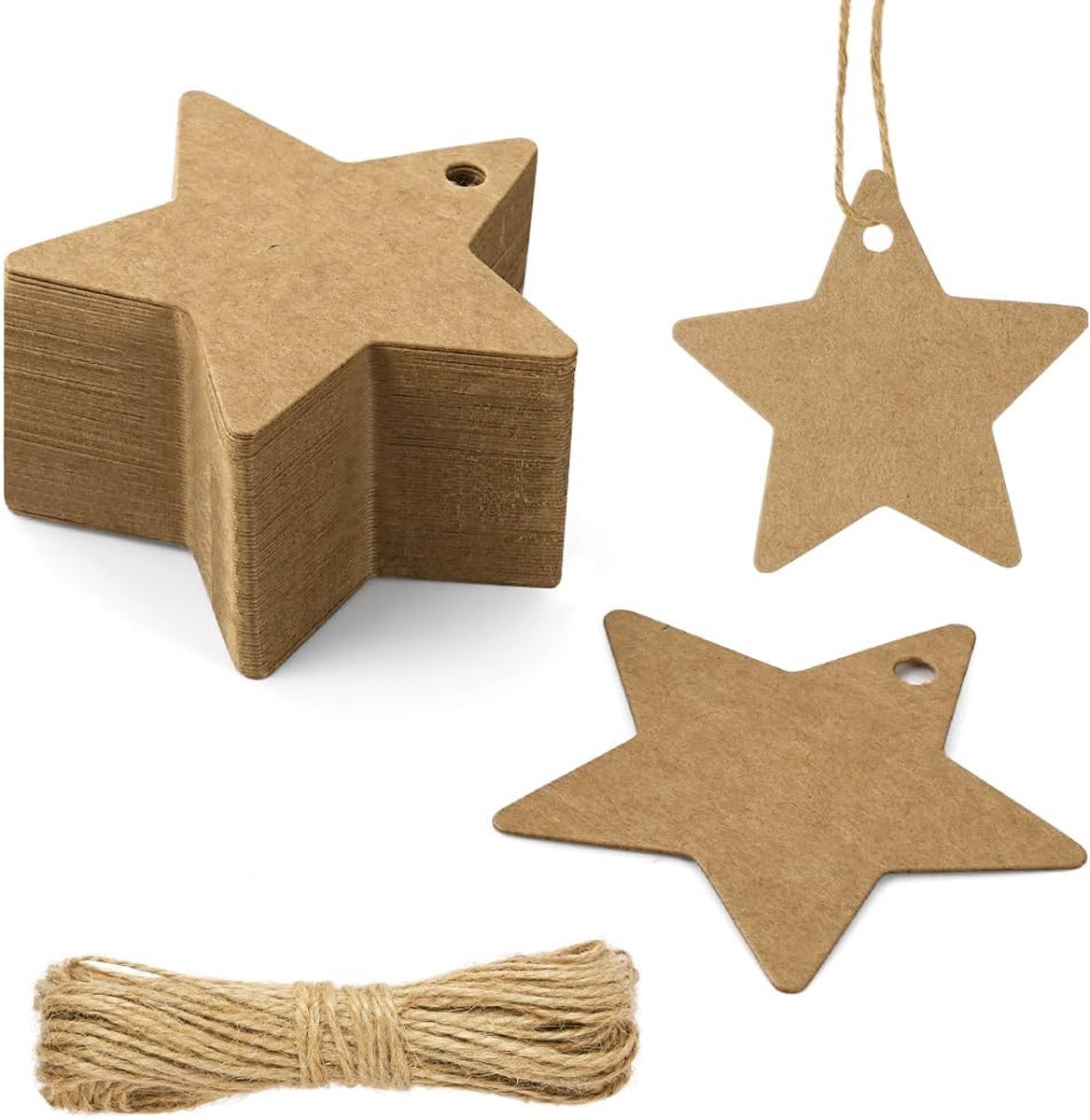 Imperatoris - Cadeau Tags - Labels - Kado Etiketten - Kraftpapier - bruin - Karton aan touwtjes - 100 stuks Cadeaulabels met ster - 6 x 6 cm - met jutetouw van 10 meter lang