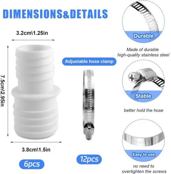 6 stuks - Slangaansluitingen - ∅32 mm tot ∅38 mm - 12 slangklemmen - Zwembadslang - Adapter - Slangadapter - Dubbele slangtuit - Wit van Merkloos — afbeelding 5