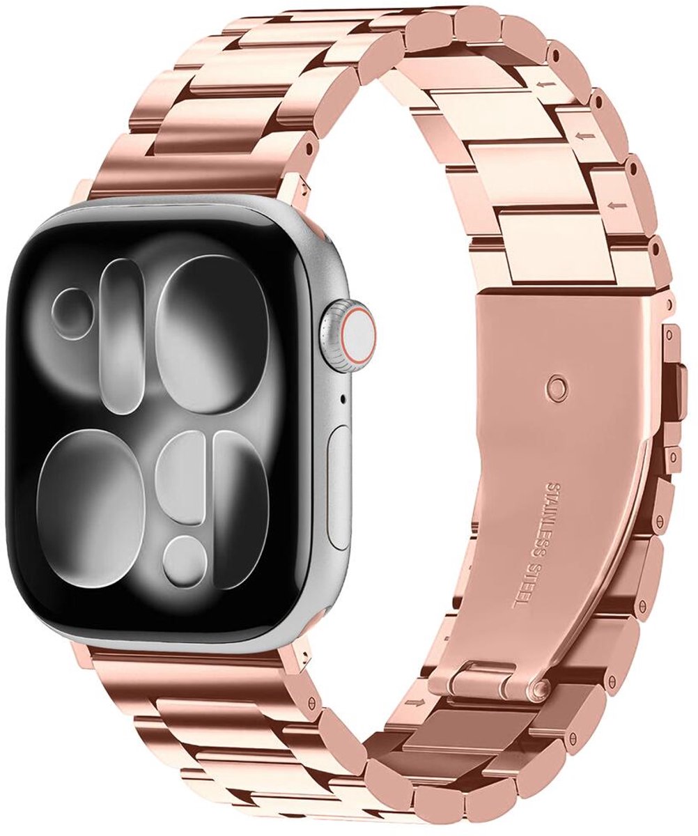 SBG RVS Schakel Bandje Geschikt voor Apple Watch 1/2/3/4/5/6/7/8/9/10/11/SE/Ultra - 49/46/45/44/42MM - Roestvrij Staal Horlogebandje Rosé Goud