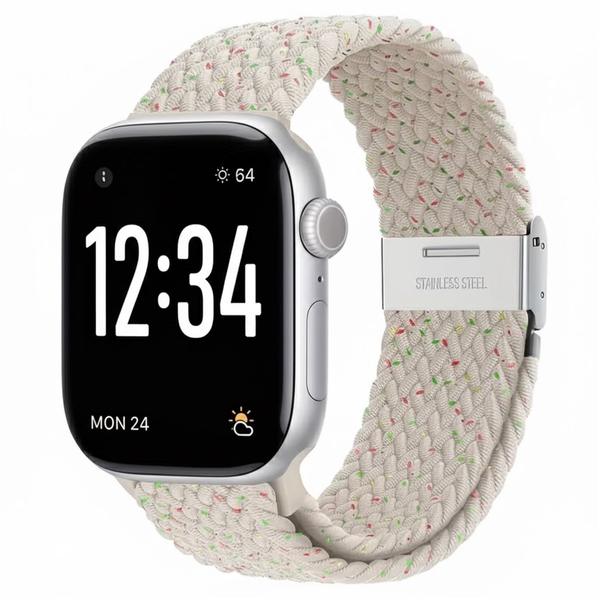 Licht goud kleurig nylon horlogebandje geschikt voor Apple Watch dames en heren 42mm (serie 1 / 2 / 3) / 44 mm / 45 mm / 46 mm (serie 10 / 11) / 49 mm (Ultra / Ultra 2), elastisch gevlochten smartwatch bandje zonder gesp, stretch