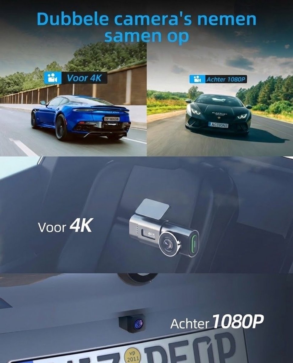 SNJY® Dashcam voor Auto - Auto Camera - Dashcam Voor en Achter Draadloos - 4K+1080P - 64 GB - 170°+140° Groot Gezichtsveld - Zwart – foto 3