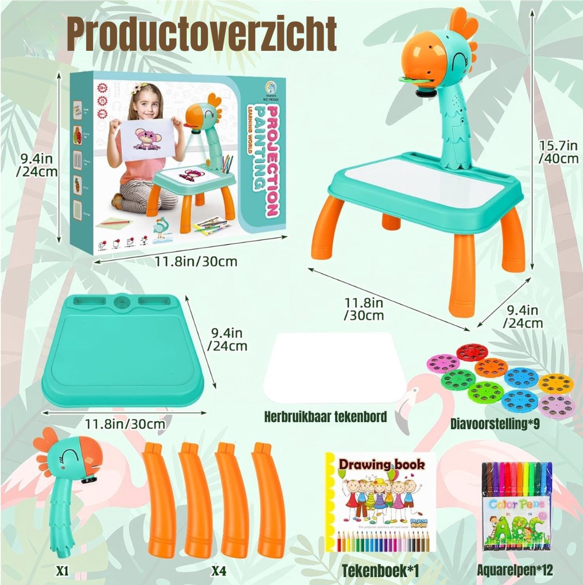 Aurixi® Tekenprojector Kinderen - Tekenprojector - Kinder Tekenprojector - met Tafeltje - Groen- 30cm x 25cm x 10cm