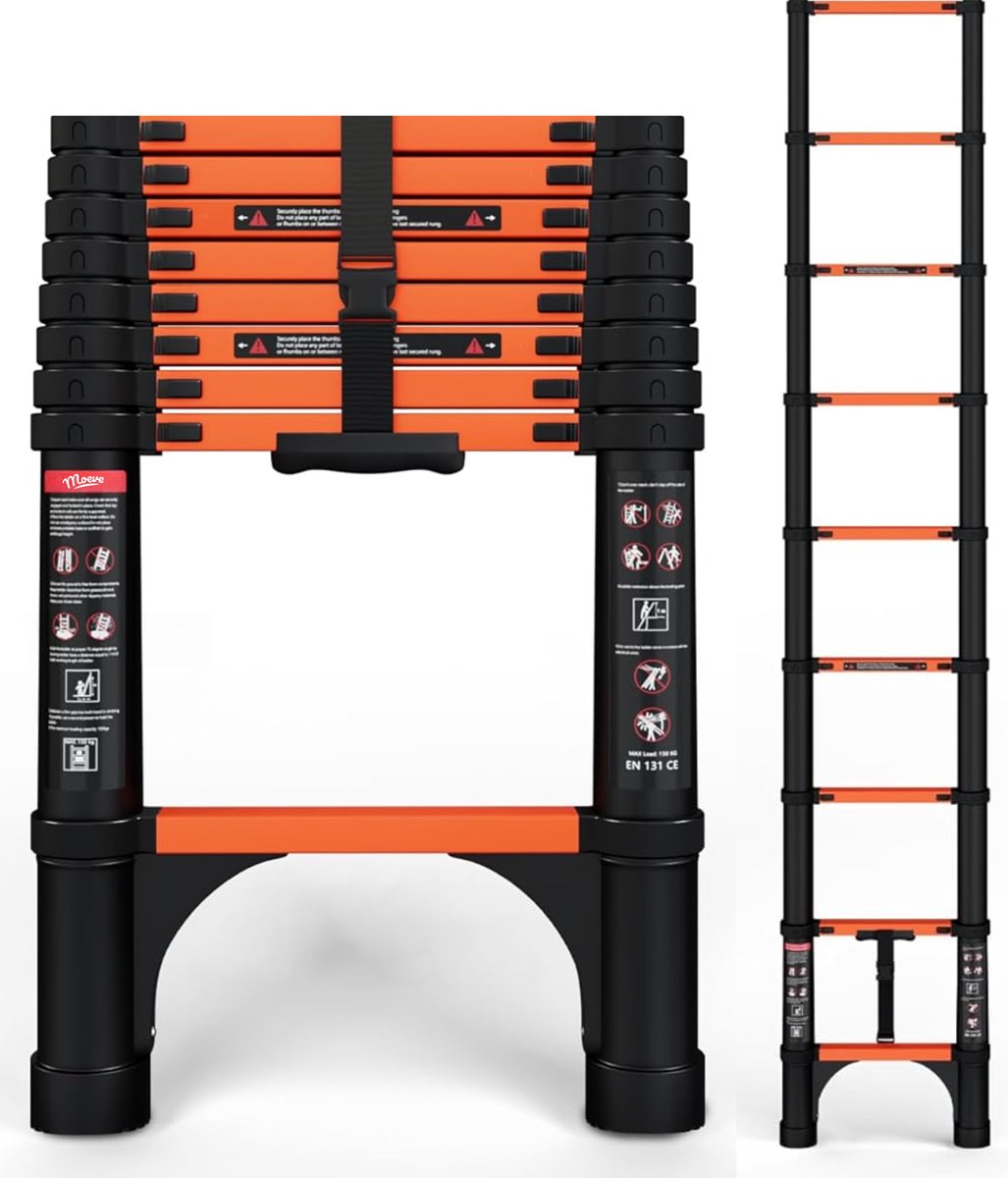 Moeve Telescoopladder - 2,60 meter - Telescopische Ladder - Aluminium Ladder - Compact & Veilig - Max. Belastbaar 150 kg - voor Binnen & Buiten