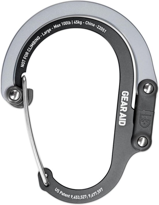 Grijze en zwarte Gear Aid karabijnhaak, "NOT FOR CLIMBING - Large - Max 100lb | 45Kg - China"